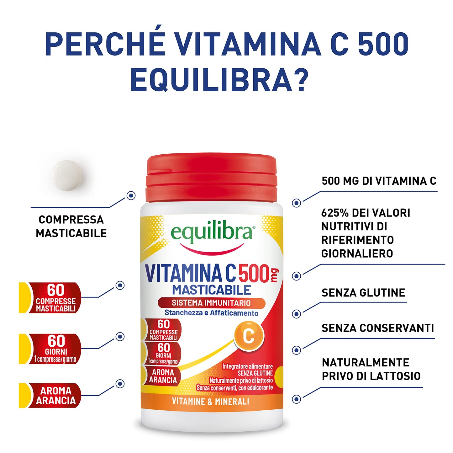 equilibra Integratori Alimentari, Vitamina C 500 mg, Integratore per la Normale Funzione del Sistema Immunitario, Riduce Stanchezza e Affaticamento, Aroma Arancia, 60 Compresse Masticabili