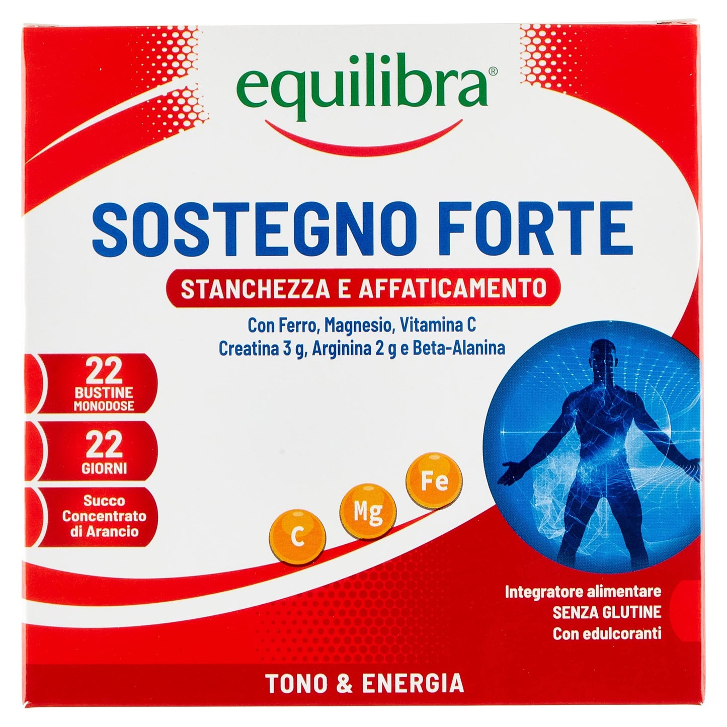 equilibra Integratori Alimentari, Sostegno Forte, Integratore con Creatina, Arginina, Vitamine C, B1, per Incrementare le Prestazioni Fisiche, con Succo Concentrato di Arancio, 22 Bustine Monodose