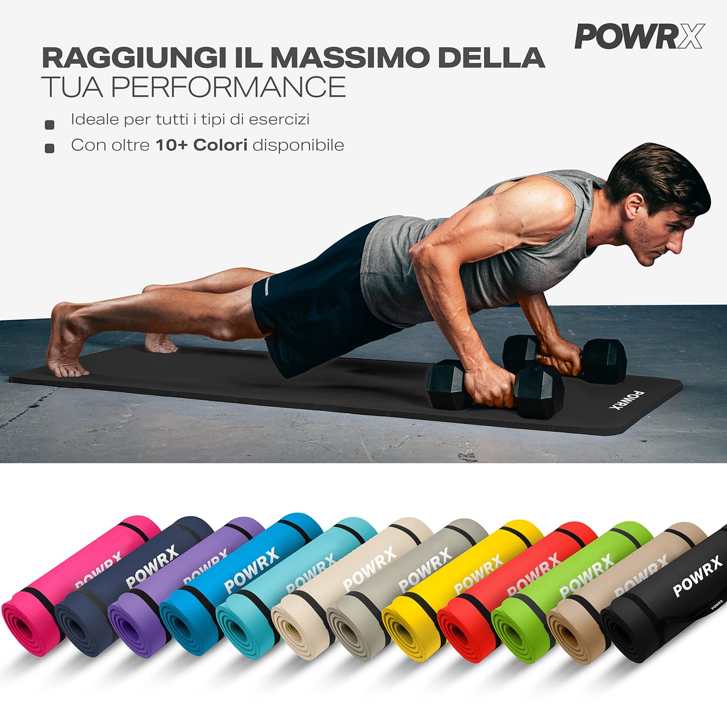 POWRX Tappetino Fitness Antiscivolo 190 x 60, 80, 100 cm - Ideale per Yoga, Pilates e Ginnastica - Extra Morbido e Spessore da 1,5 cm o 1 cm - Ecocompatibile con Tracolla e Sacca Trasporto + Poster