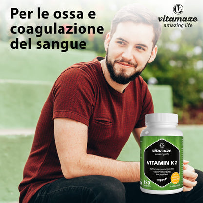 Vitamaze® Vitamina K2 MK-7 Alto Dosaggio Menachinone, 180 Compresse Vegan, Qualità Tedesca, Naturale Integratore Alimentare senza Additivi non Necessari