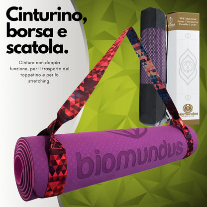 biomundus tappetino yoga antiscivolo + cinghia per lo Yoga + linee di posizione+ borsa tappetino fitness pieghevole tappetino palestra casa tappeto yoga mat