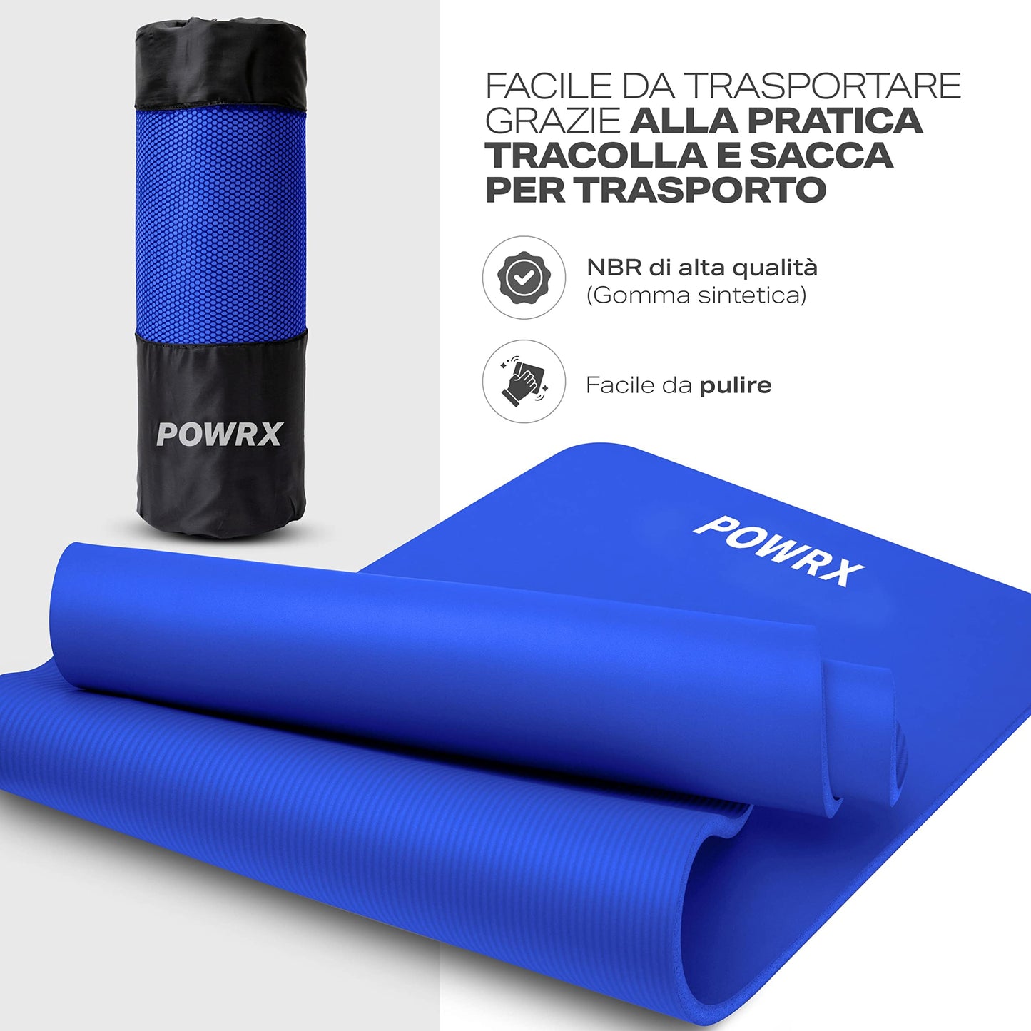 POWRX Tappetino Fitness Antiscivolo 190 x 60, 80, 100 cm - Ideale per Yoga, Pilates e Ginnastica - Extra Morbido e Spessore da 1,5 cm o 1 cm - Ecocompatibile con Tracolla e Sacca Trasporto + Poster