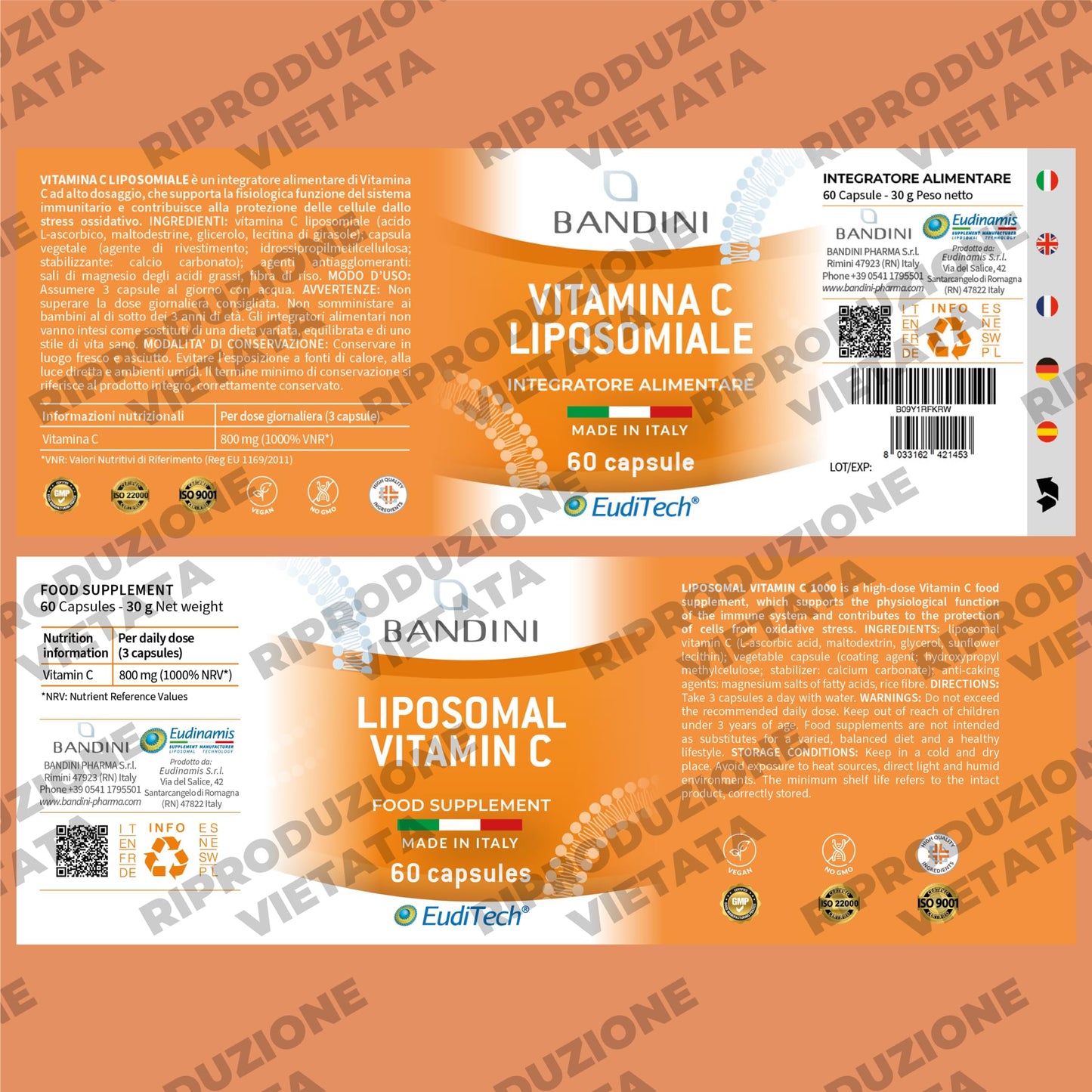 Bandini® Vitamina C Liposomiale 1000mg, 3 mesi, Vegana | Vit C 100% Vegana ad Alto dosaggio | Sistema Immunitario, Ossa, Cartilagini, Pelle, Denti, Stanchezza | Vitamin C Pura Acido Ascorbico 180 cps