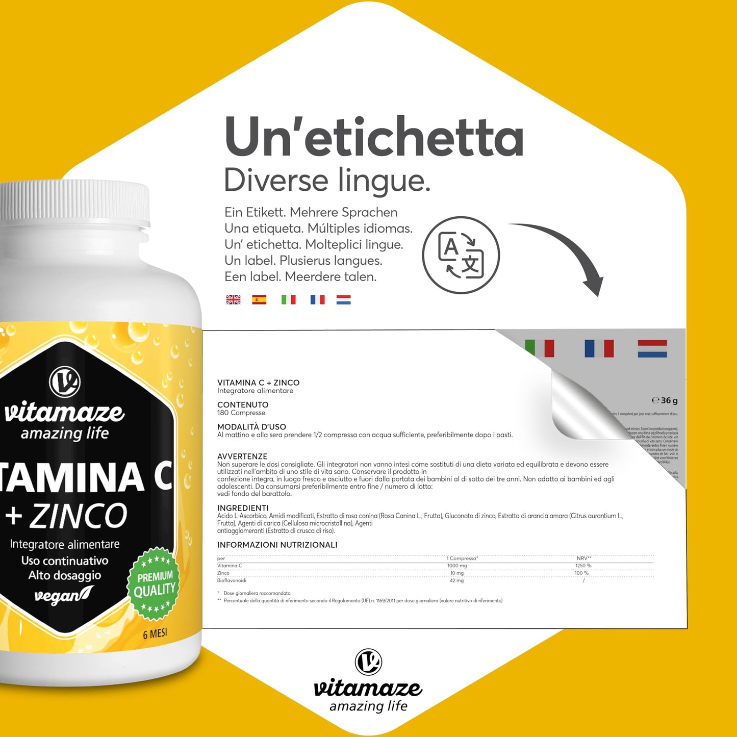 Vitamina C 1000mg (1 Anno) + Zinco + Bioflavonoidi, 360 Compresse, 1 Compresse per Giorno, Vegan Vitamina C Pura Dose Forte, Qualità Tedesca, Integratore Alimentare senza Additivi. Vitamaze®