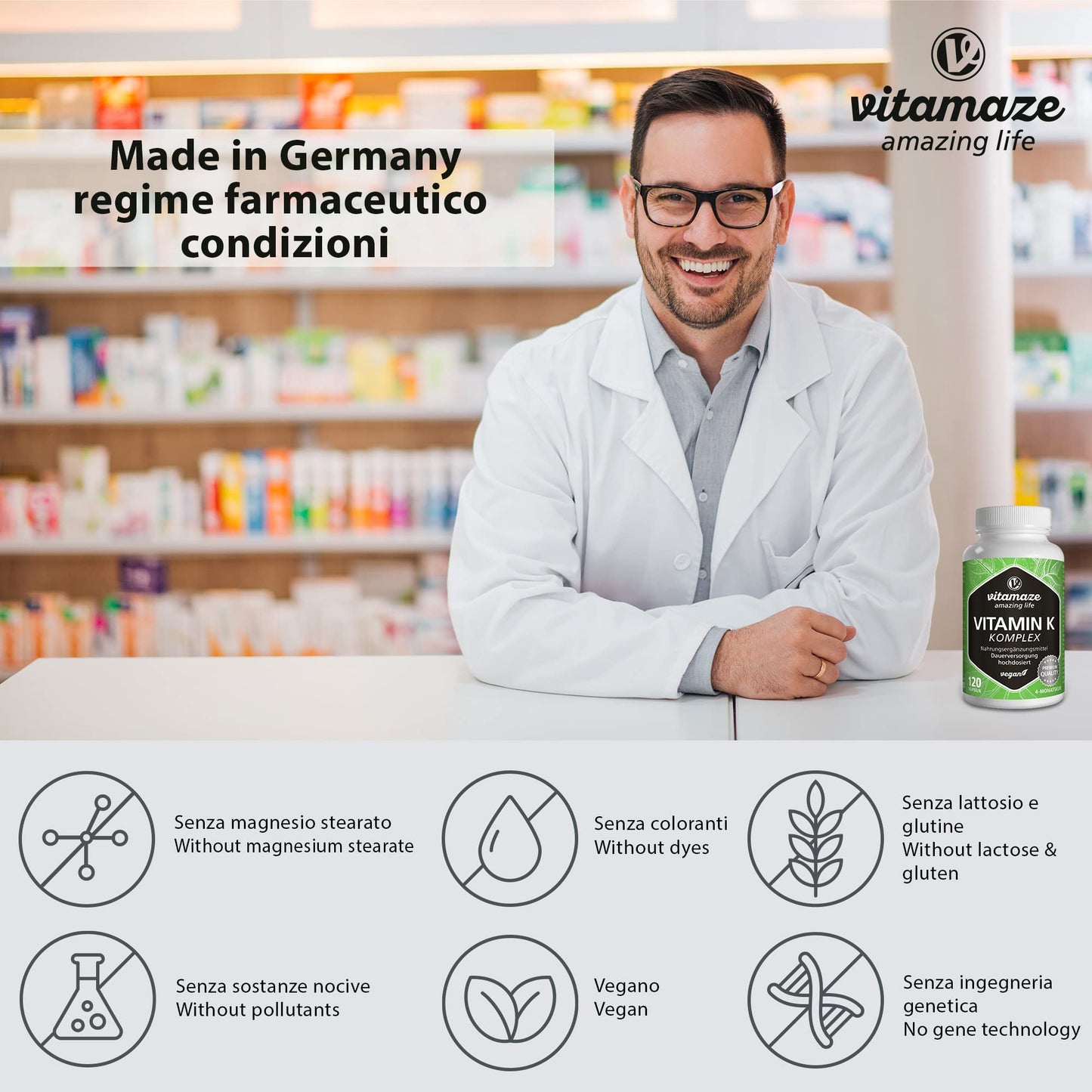 Vitamaze® Vitamina K2 MK-7 Alto Dosaggio Menachinone, 180 Compresse Vegan, Qualità Tedesca, Naturale Integratore Alimentare senza Additivi non Necessari