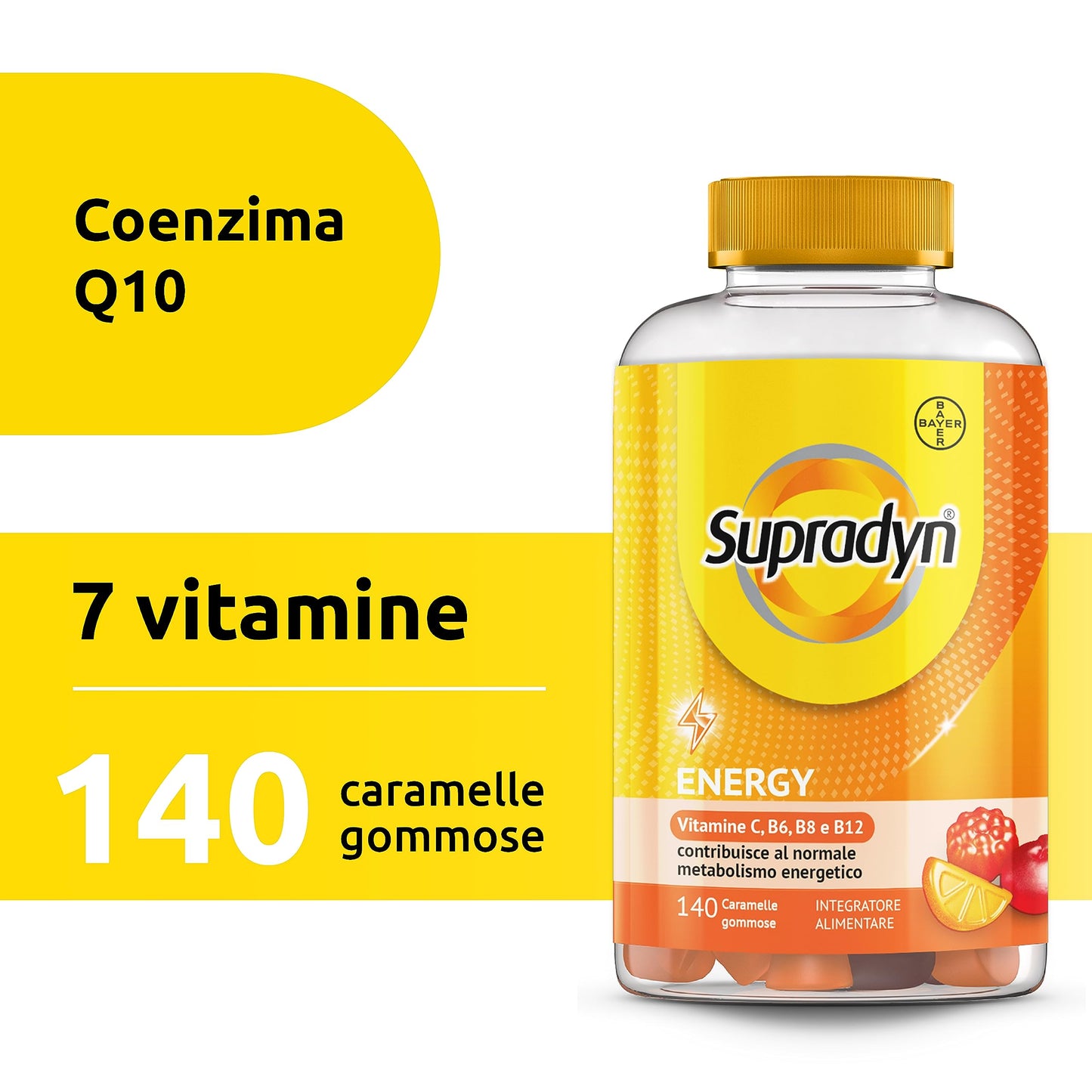 Supradyn Energy Multivitaminico Caramelle, Integratore Completo, con Vitamine A, B, C, D, E e Coenzima Q10, 70 Caramelle Gommose Multivitaminiche Gusto Ciliegia, Lampone e Arancia