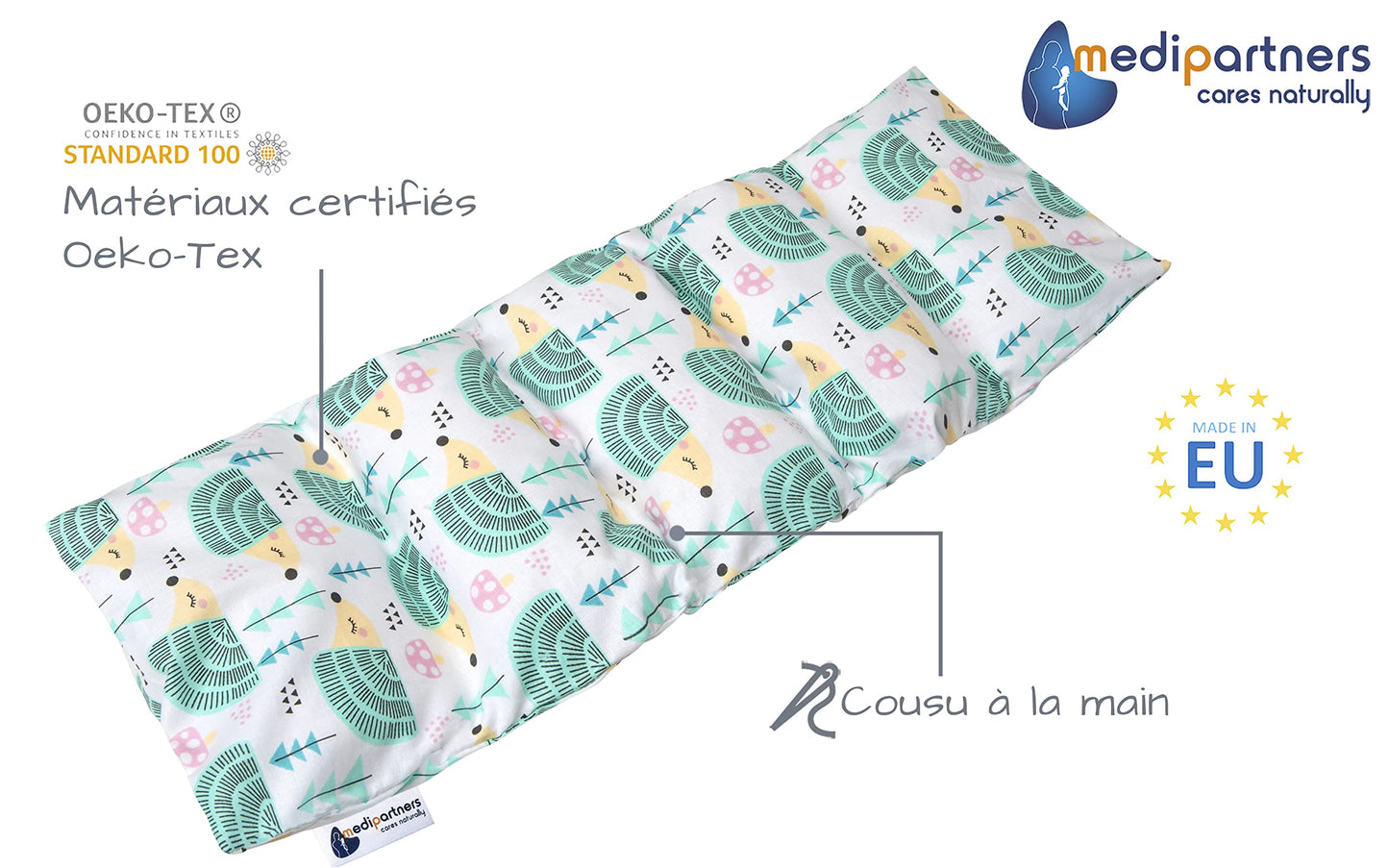 Medi Partners Cuscino Termico noccioli ciliegio 60x20cm 800g 100% Cotone 5 Camere Grande Terapia del freddo Federa sfoderabile (Stelle)