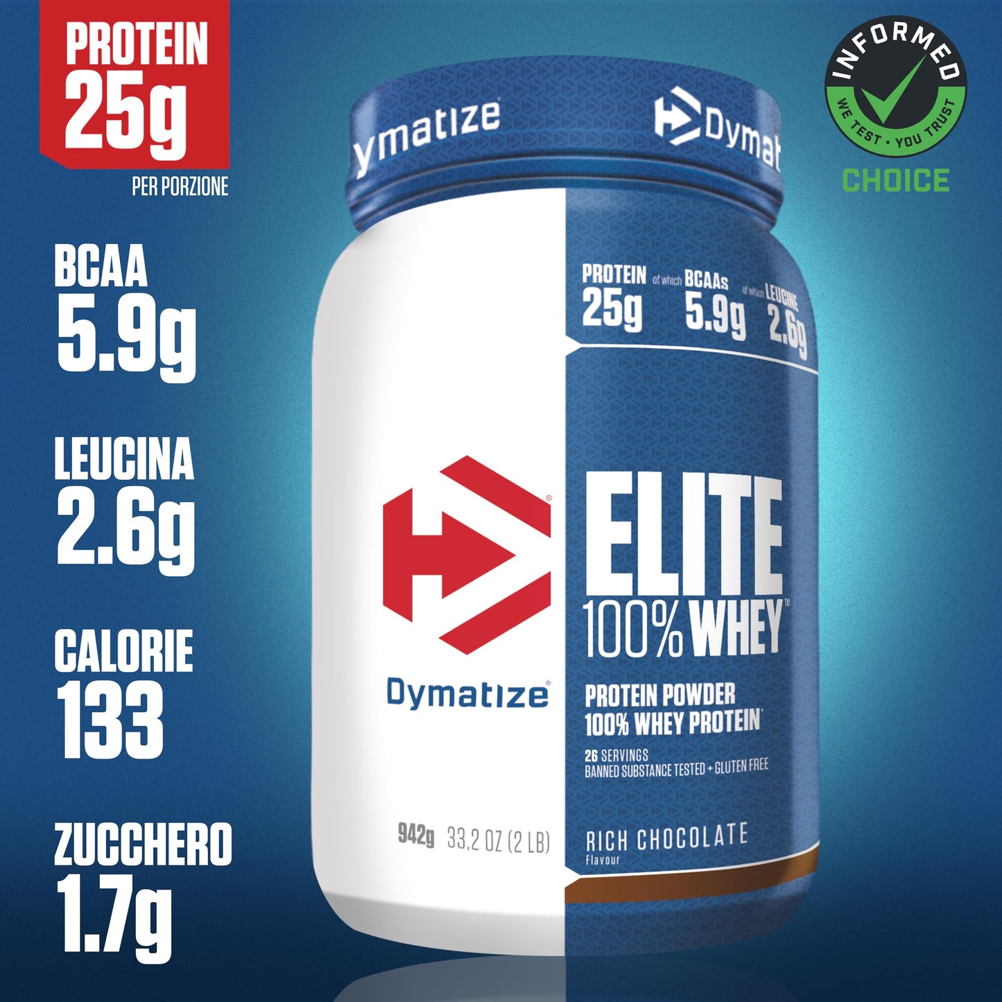 Dymatize Elite 100% Whey Rich Chocolate 2170g - Polvere ad alto contenuto di proteine e basso zuccheri del siero latte BCAA