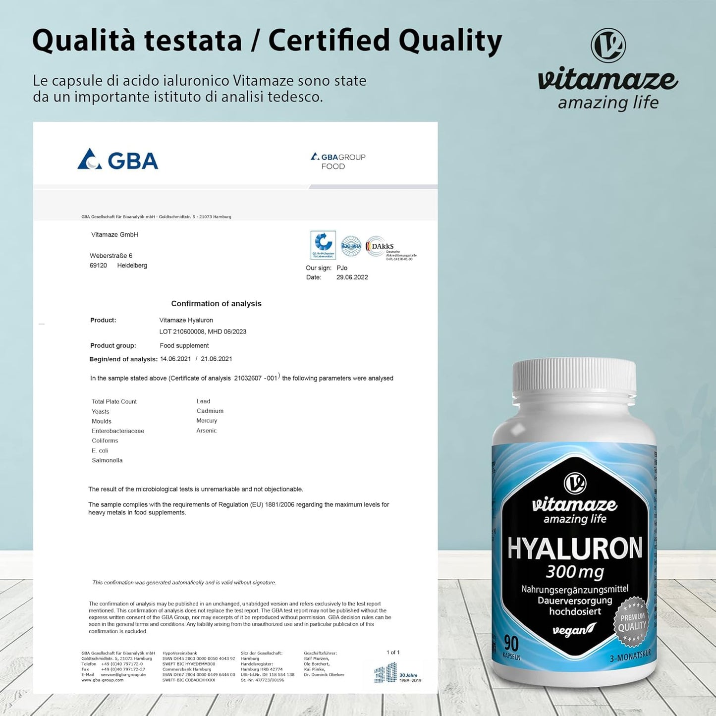 Vitamaze® Acido Ialuronico Puro ad Alto Dosaggio 300 mg per Capsula Vegan, 90 Capsule per 3 Mesi, Elevata Biodisponibilità: Micromolecolare 500-700 kDa, Integratore Alimentare senza Additivi