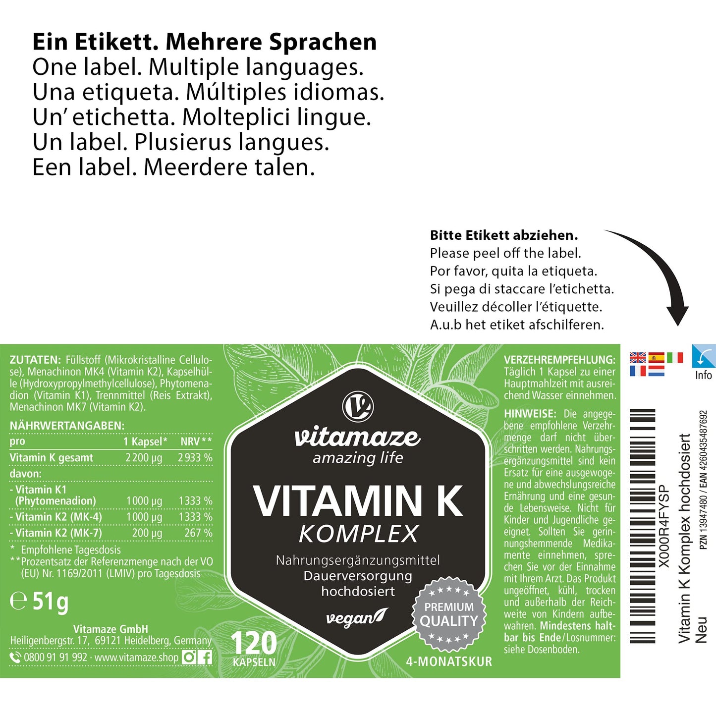 Vitamaze® Vitamina K2 MK-7 Alto Dosaggio Menachinone, 180 Compresse Vegan, Qualità Tedesca, Naturale Integratore Alimentare senza Additivi non Necessari