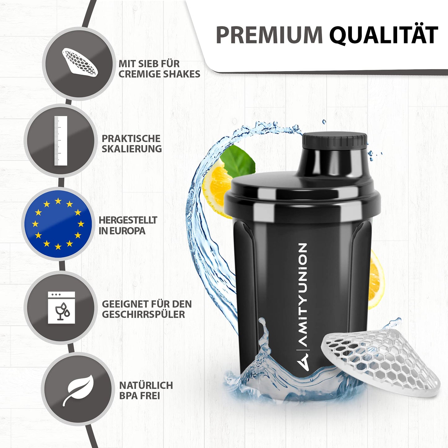 AMITYUNION Shaker per proteine 300 ml Heaven a prova di perdite, senza BPA con setaccio cliccabile e scala per frullati cremosi di siero di latte, shaker per proteine, originale in Fumo nero