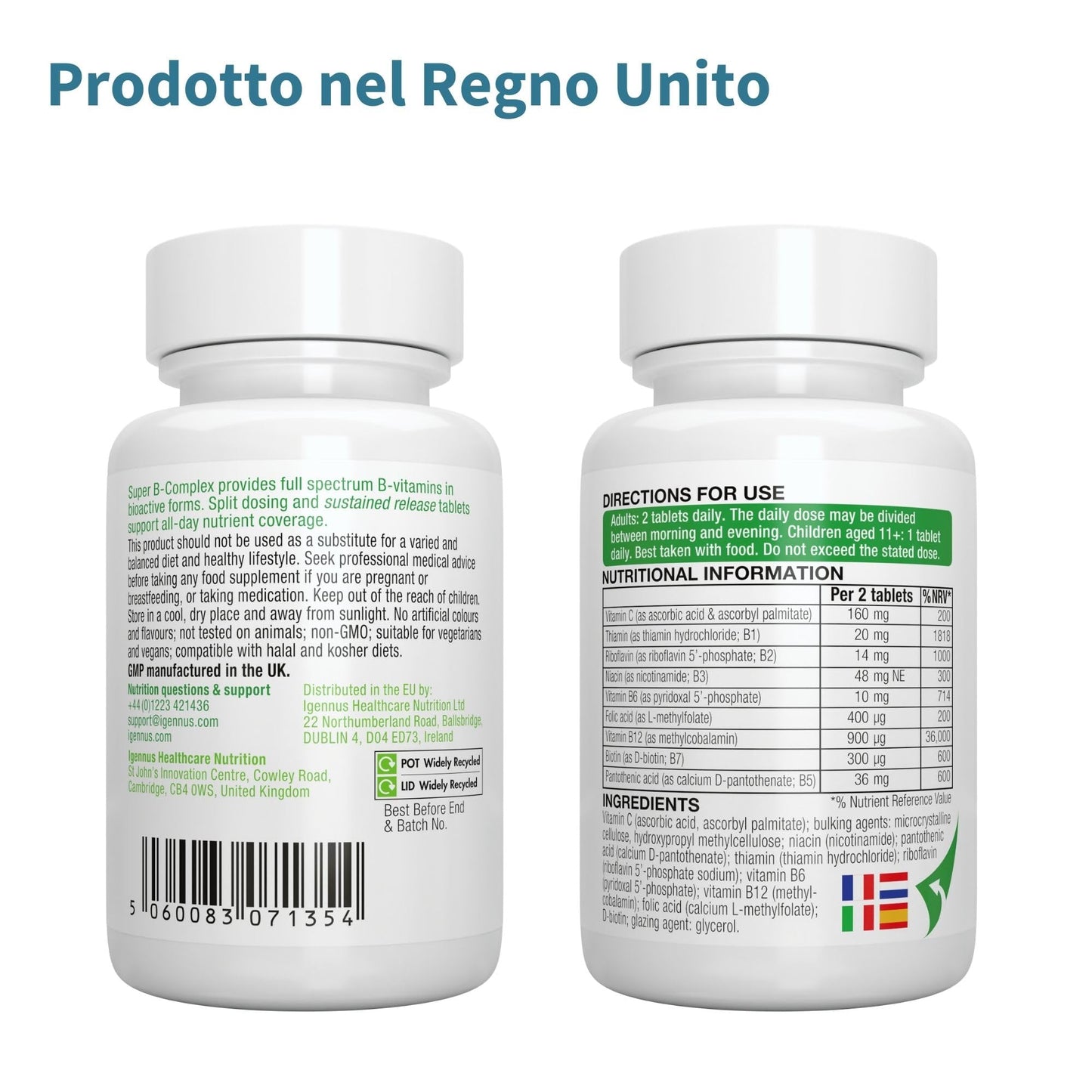 Super B - Vitamina B Complex ad Alto Assorbimento e Rilascio Prolungato,B1,B2,B3,B5 B6,B12, Biotina, Folato e Vitamina C - 60 Compresse Vegane – Igennus