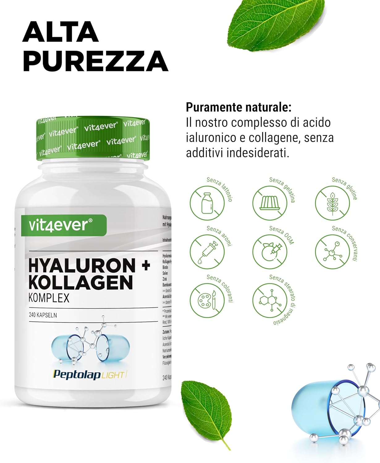 Complesso di acido ialuronico e collagene - 240 capsule - Premium: Con biotina bioattiva, selenio, zinco, vitamina C naturale da acerola e silicio da bambù