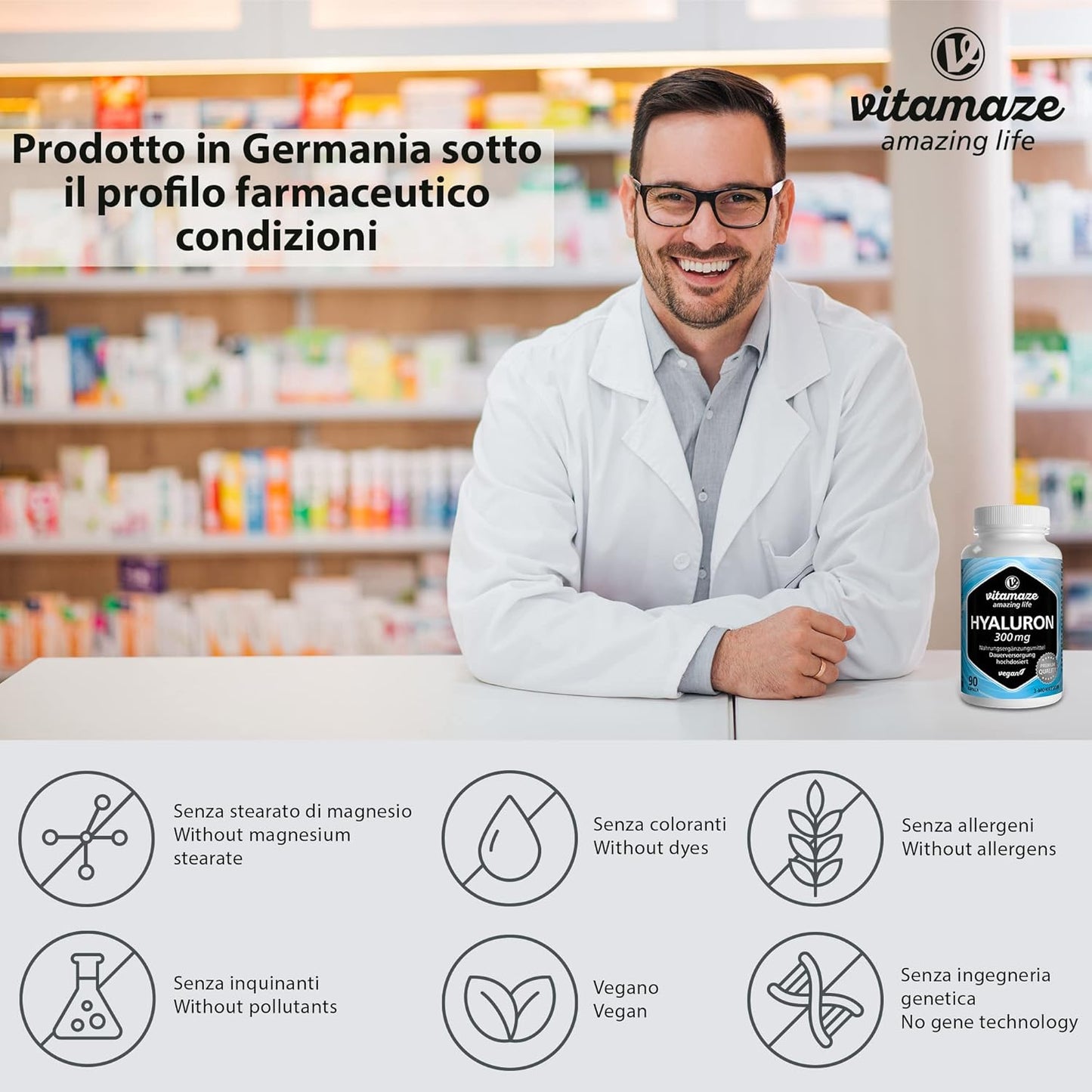 Vitamaze® Acido Ialuronico Puro ad Alto Dosaggio 300 mg per Capsula Vegan, 90 Capsule per 3 Mesi, Elevata Biodisponibilità: Micromolecolare 500-700 kDa, Integratore Alimentare senza Additivi