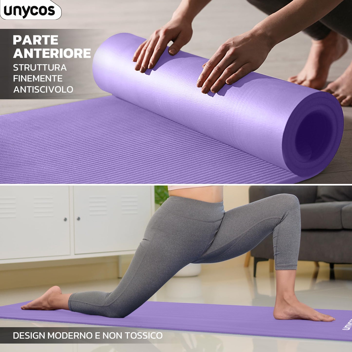 unycos - Tappetino Antiscivolo da Yoga, Pilates e Ginnastica Extra Spesso 10/15 mm, 183x60 cm, Materassino Fitness con Schiuma NBR Confortevole, Tracolla, Borsa ed E-Book di 50 Esercizi