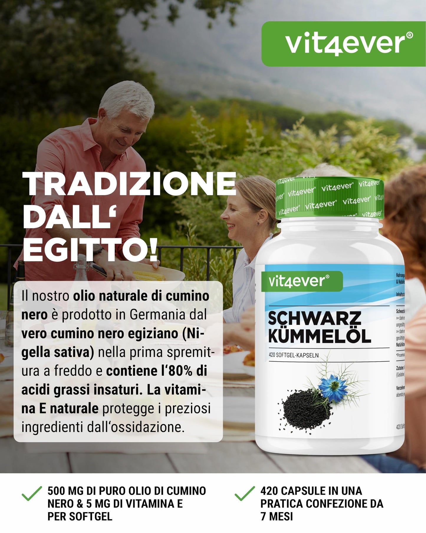 Olio di cumino nero - 420 capsule - 1000 mg per dose giornaliera - Con vitamina E naturale - Egiziano, naturale e spremuto a freddo