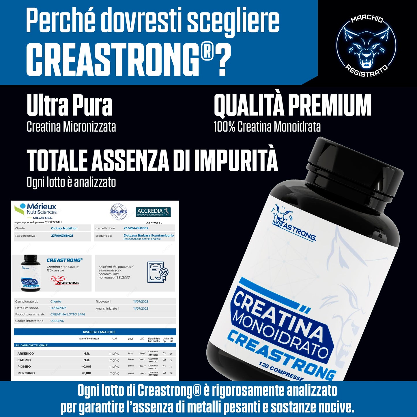 Creatina Monoidrata 100% PURA Creastrong® - Marchio Registrato di Vitastrong, Creatina in Polvere, Creatina Monoidrata Polvere - Creatina Monoidrato, Creatina Polvere ad Alto Dosaggio, Made in Italy