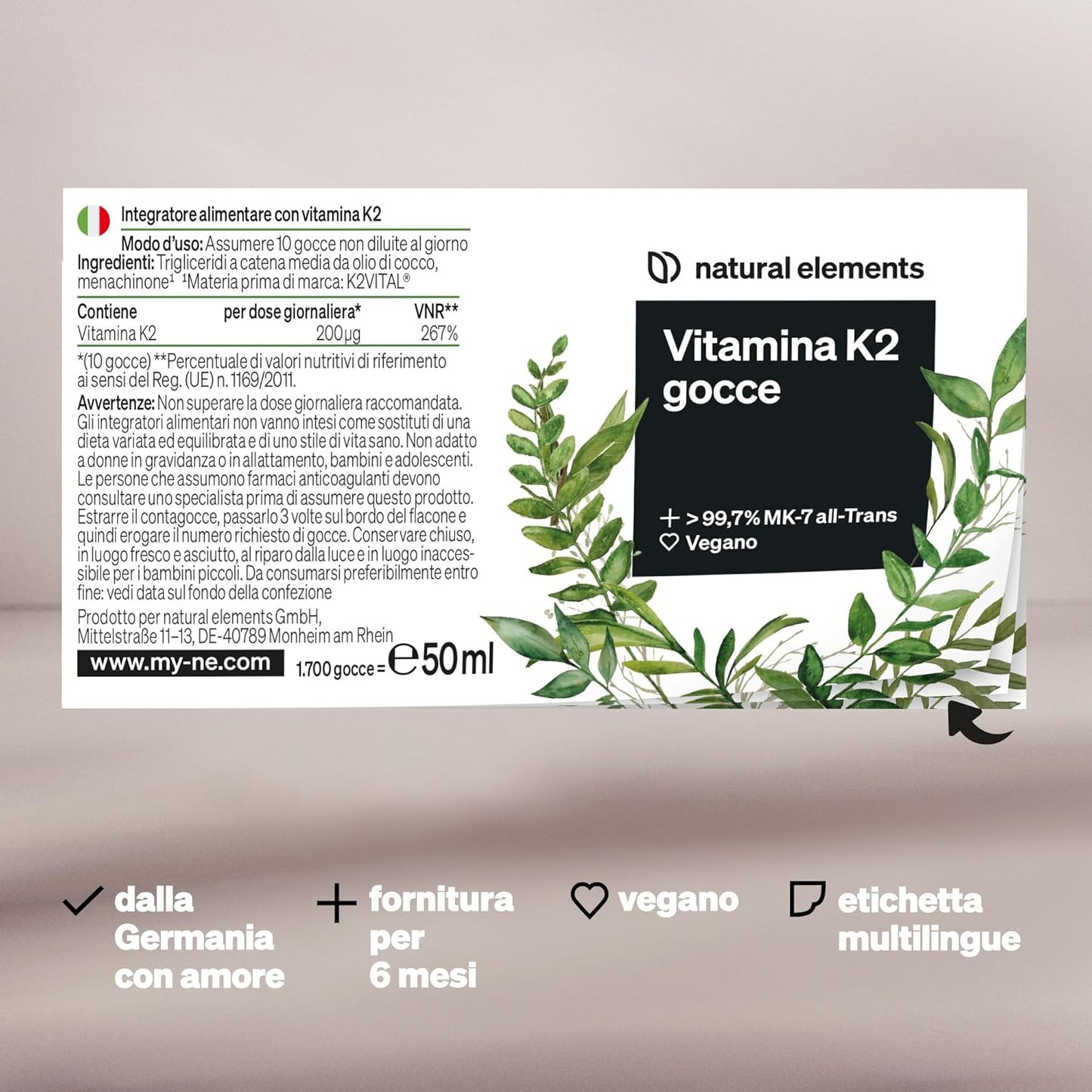 Vitamina K2 MK-7 – 1700 gocce (50 ml) – In forma all-trans 99,7% (K2VITAL® di Kappa) – 200 µg – natural elements – Testata in laboratorio, vegana, alto dosaggio