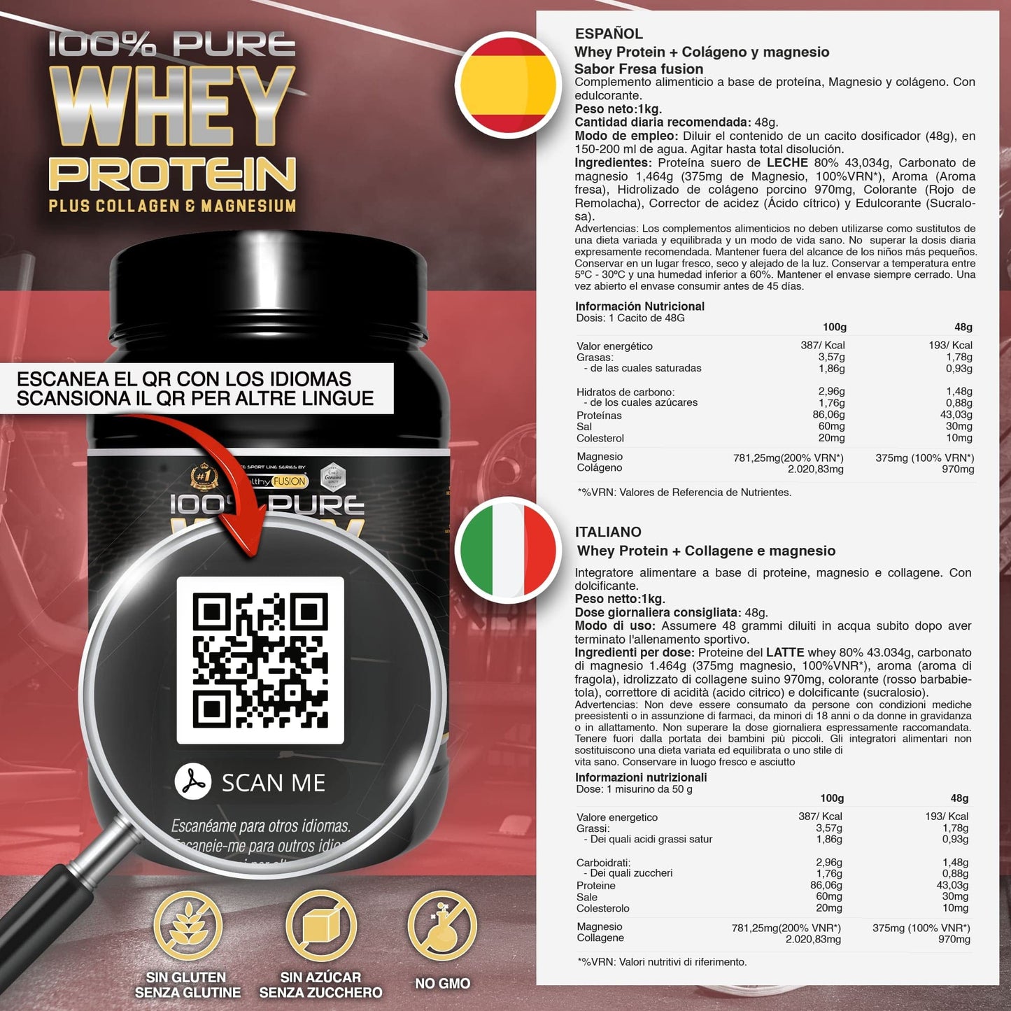 Healthy FUSION Whey protein 100% pura | Proteine whey + collagene + magnesio | Proteine del siero di latte isolate per lo sviluppo muscolare | Massa muscolare pulita | 1000 g (Cioccolato)