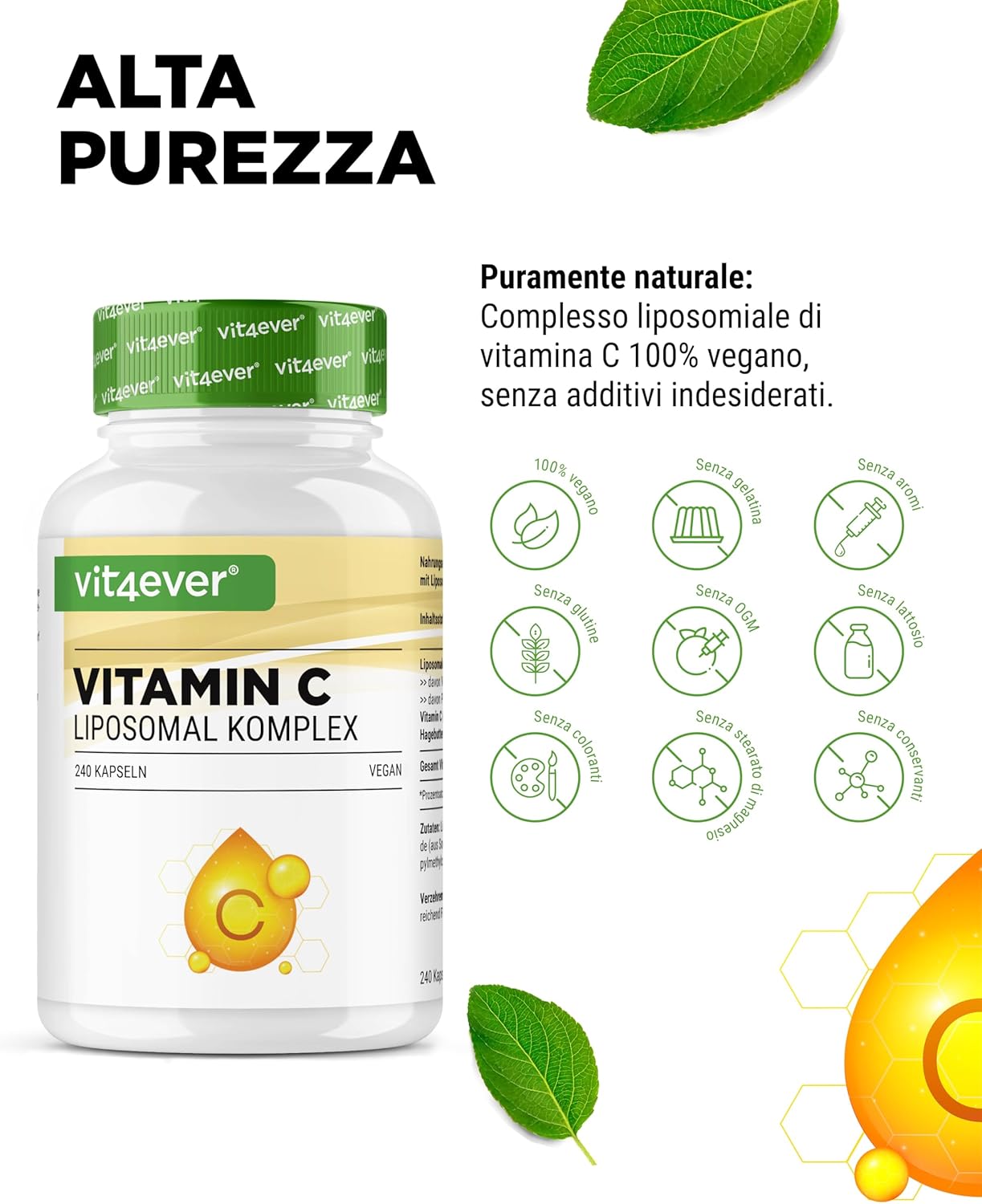 Vitamina C liposomiale - 240 capsule vegane - Premium: altamente dosata con 1000 mg di vitamina pura al giorno - Biodisponibilità particolarmente elevata