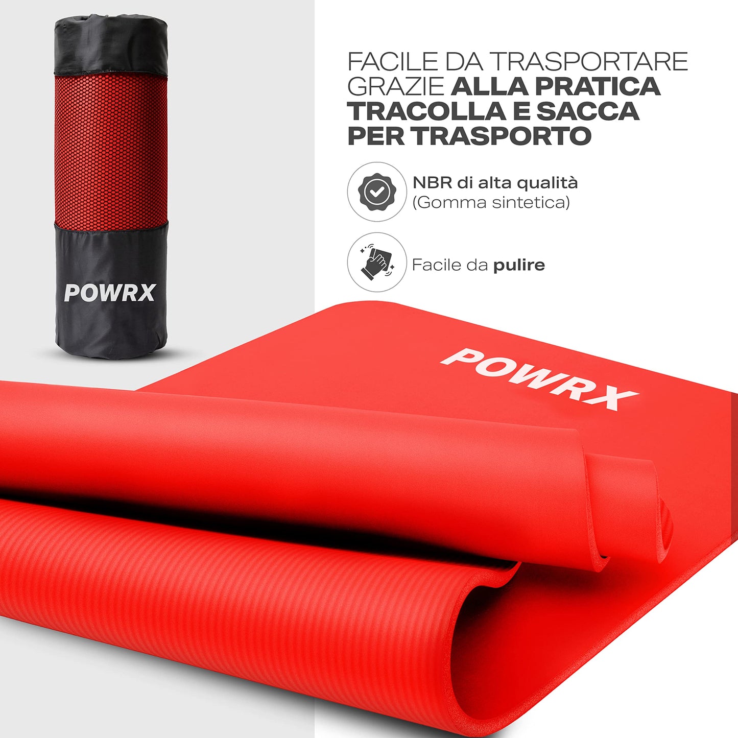 POWRX Tappetino Fitness Antiscivolo 190 x 60, 80, 100 cm - Ideale per Yoga, Pilates e Ginnastica - Extra Morbido e Spessore da 1,5 cm o 1 cm - Ecocompatibile con Tracolla e Sacca Trasporto + Poster