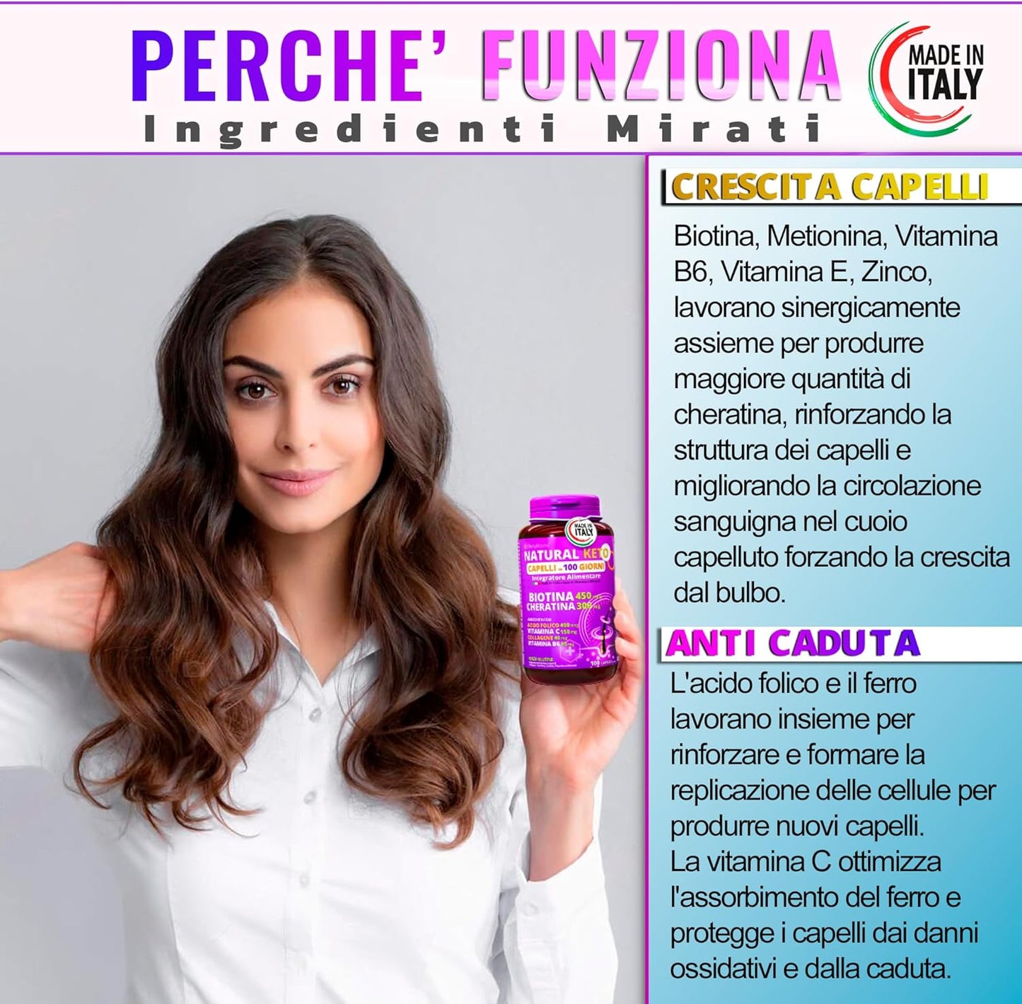 NATURAL KETO® Capelli in 100 Giorni. Integratori per capelli donna uomo con 12 vitamine per capelli tra cui Collagene,Biotina crescita capelli,Cheratina,Ferro,Vitamina b. Integratore capelli ITALIANO