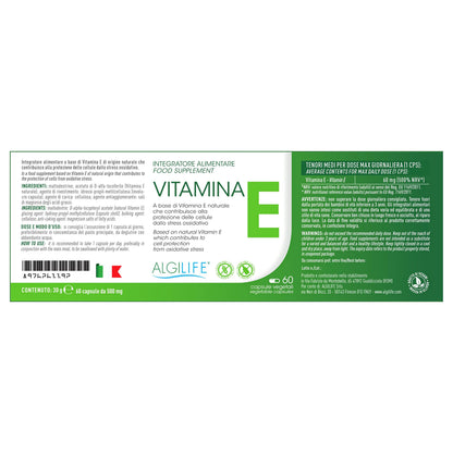 ALGILIFE Vitamina E | Integratore Vitamine E Pura Tocoferolo e Tocotrienolo | Antiossidante, 100% Naturale, Sviluppo e Mantenimento Funzione Nervosa e Muscolare (60 capsule vegetali, scorta 2 mesi)