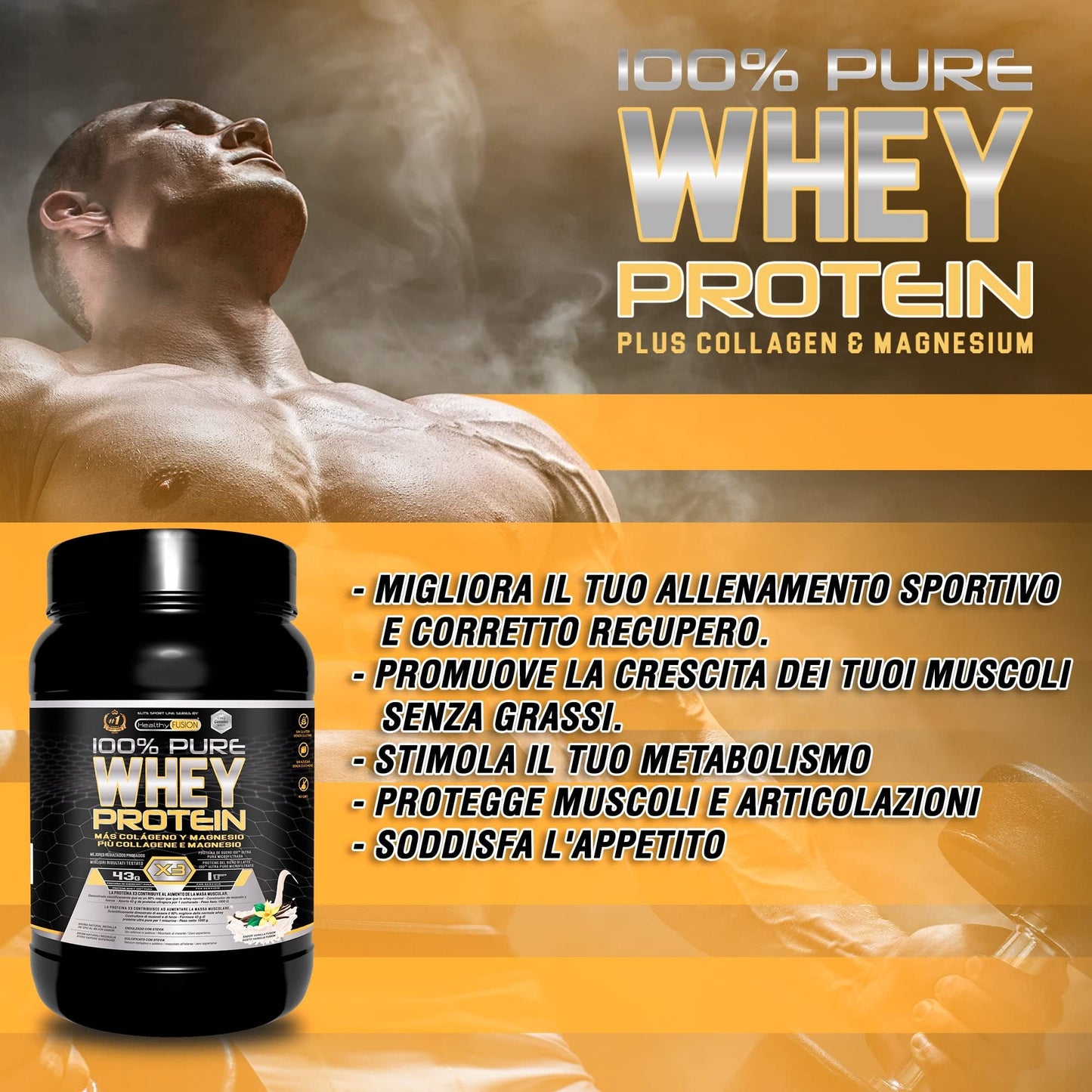 Healthy FUSION Whey protein 100% pura | Proteine whey + collagene + magnesio | Proteine del siero di latte isolate per lo sviluppo muscolare | Massa muscolare pulita | 1000 g (Cioccolato)