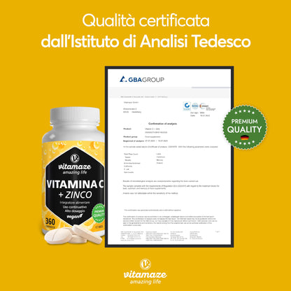 Vitamina C 1000mg (1 Anno) + Zinco + Bioflavonoidi, 360 Compresse, 1 Compresse per Giorno, Vegan Vitamina C Pura Dose Forte, Qualità Tedesca, Integratore Alimentare senza Additivi. Vitamaze®