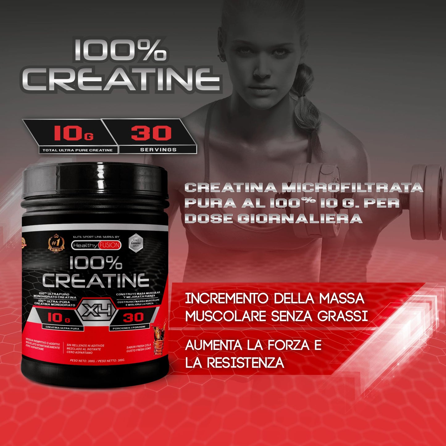 Healthy Fusion Creatina Monoidrata | Creatina Pura microfiltrata | Favorisce la crescita muscolare e migliora la resistenza fisica | Elevata solubilità | Formato in polvere, gusto di Anguria 300gr