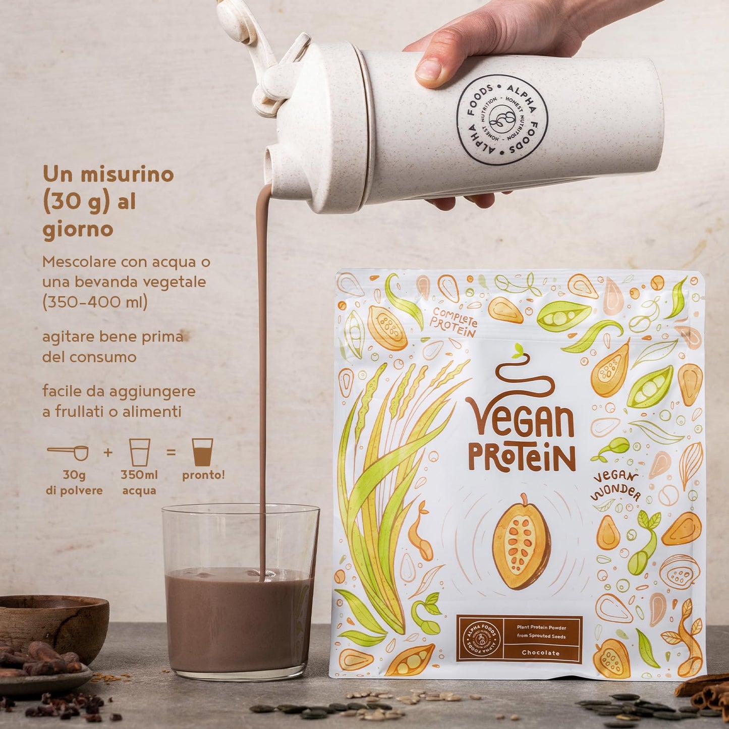 Proteine in Polvere Vegane | Gusto Cioccolato | 21g Proteine | Proteine Vegetali Isolate in Polvere di Pisello, Riso, Girasole e Soia | Massa Muscolare | 1.2kg Vegan Protein Powder | Alpha Foods