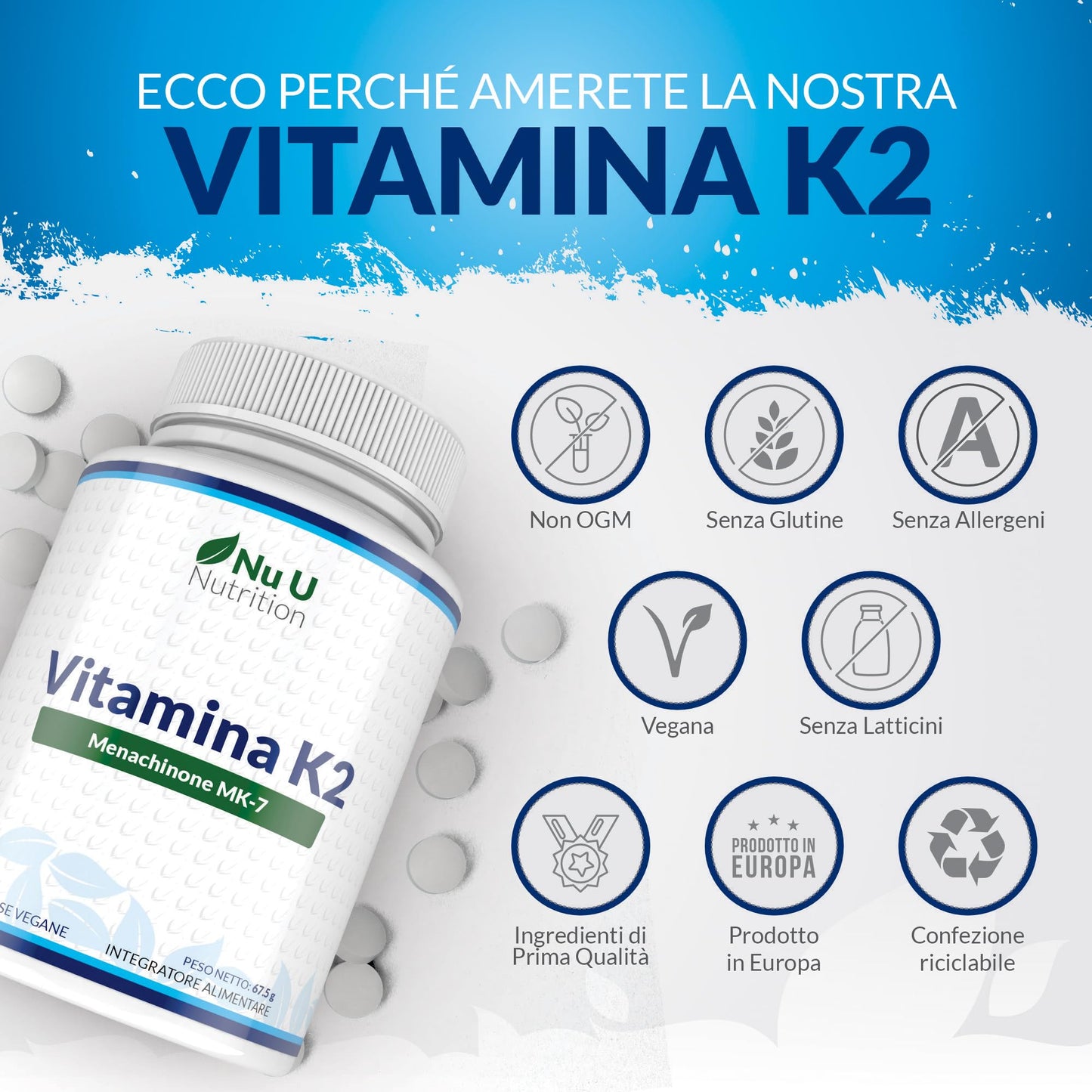 Vitamina K2 MK7 200mcg - 365 Compresse Vegane - 1 Anno di Scorta - Vit K2 Menachinone MK-7 - Nu U Nutrition