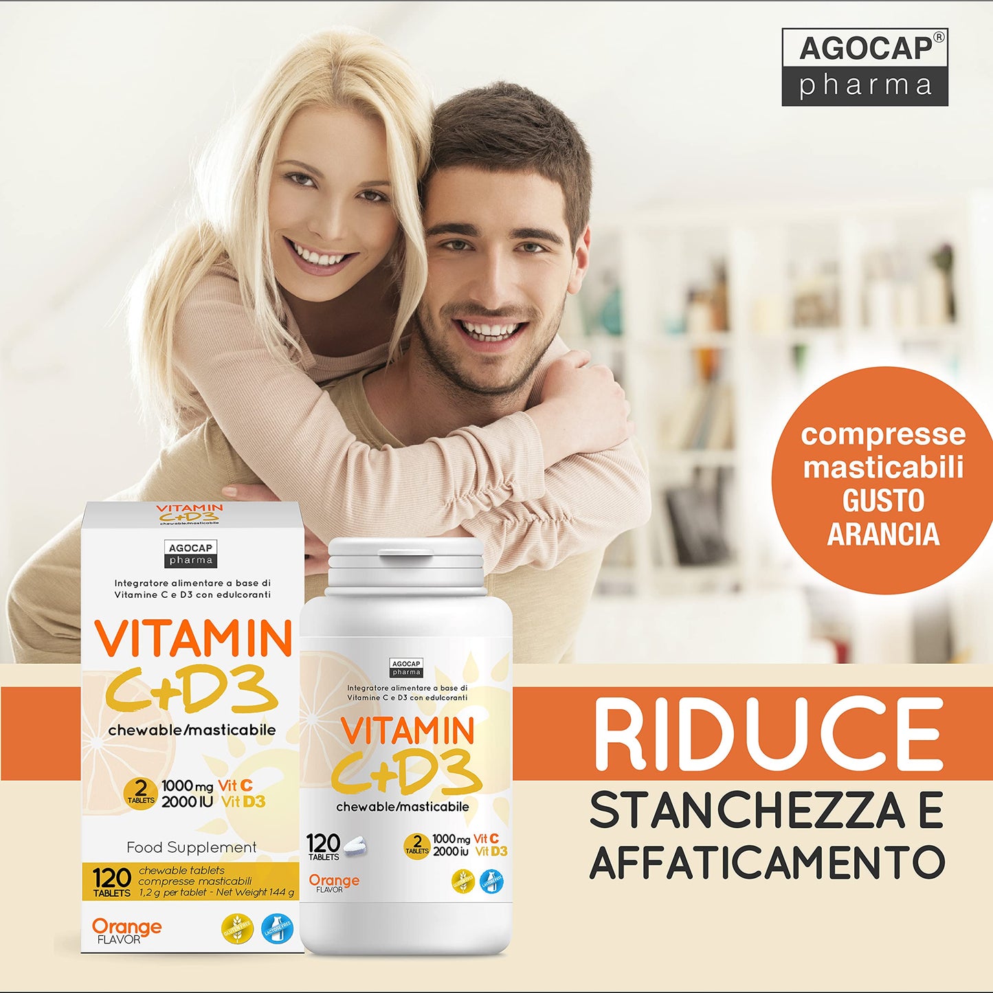 Vitamina C+D3, 120 compresse MASTICABILI, Vitamina C 1000mg + Vitamina d 2000 ui per dose giornaliera. Per difese immunitarie. Vitamina D e C, Agocap