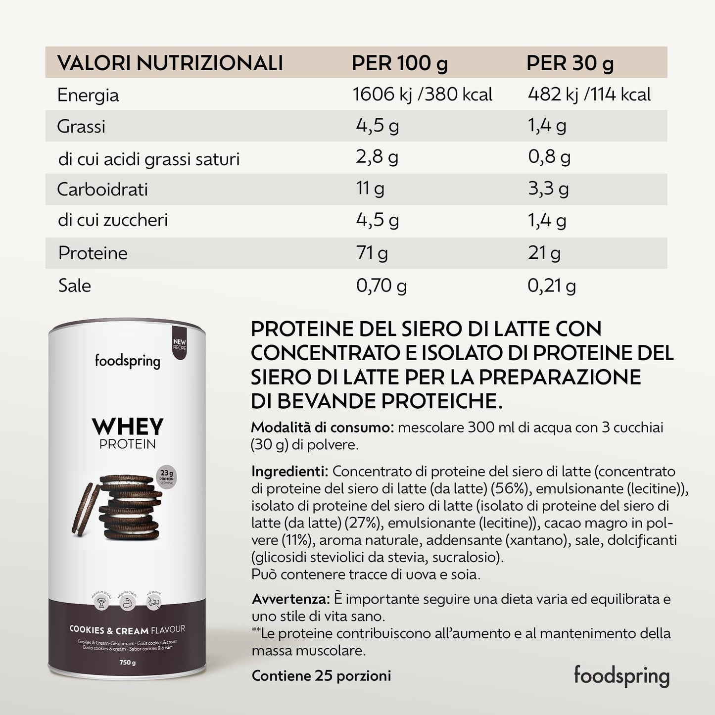 foodspring - Proteine Whey in polvere Cioccolato - Con 21 g di proteine per l'aumento muscolare, perfetta solubilità, ultra-filtrate & ricche di BCAA ed EAA - gusto pieno e delizioso (750 g)