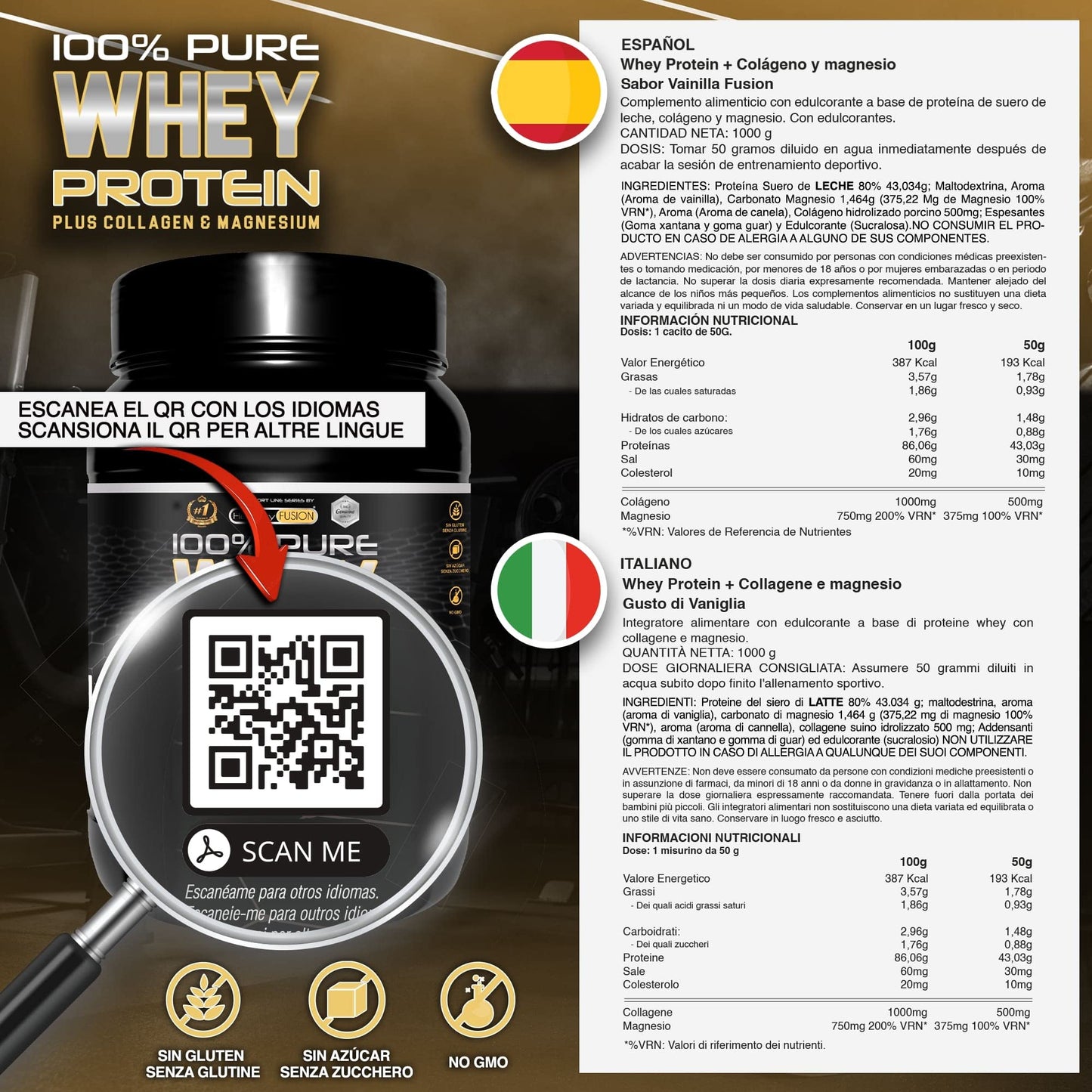 Healthy FUSION Whey protein 100% pura | Proteine whey + collagene + magnesio | Proteine del siero di latte isolate per lo sviluppo muscolare | Massa muscolare pulita | 1000 g (Cioccolato)