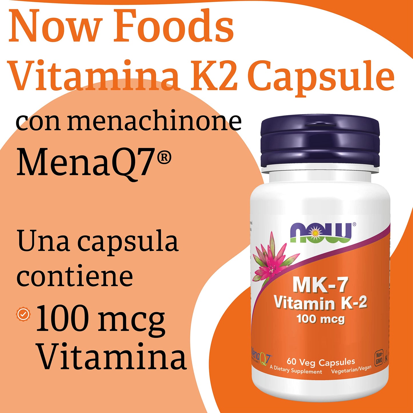 Now Foods, Vitamin K2 MK-7, 100mcg, Tutto Trans, 60 Capsule vegane, Testate in Laboratorio, Senza Glutine, Senza Soia, non OGM