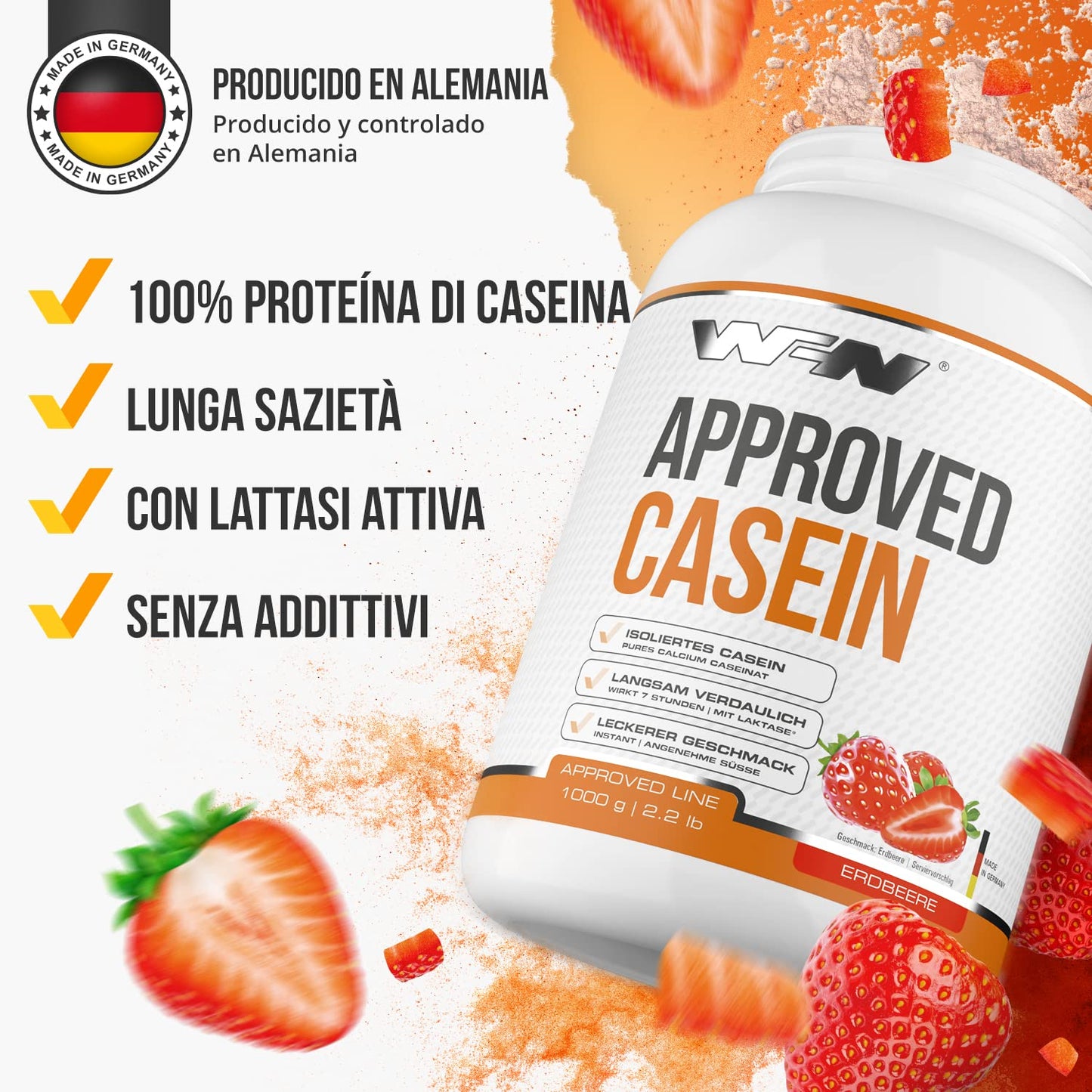 WFN Approved Casein - Neutro - 1 kg - Proteine della caseina con lattasi - Proteina in polvere cremosa - Molto solubile - Prodotto in Germania - Testato in laboratorio esterno