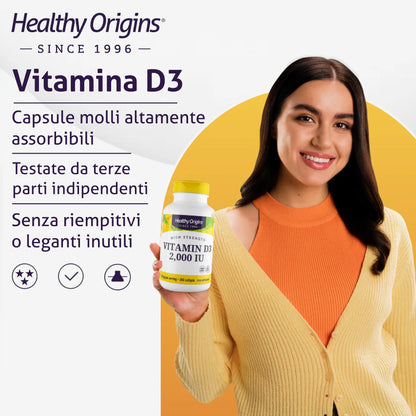 Healthy Origins, Vitamina D3, 2.000 UI, Depot 2-Day-Dose, 360 Capsule, Testato in Laboratorio, Senza Glutine, Senza Soia, non OGM, Dose di 2 giorni di Vitamina D