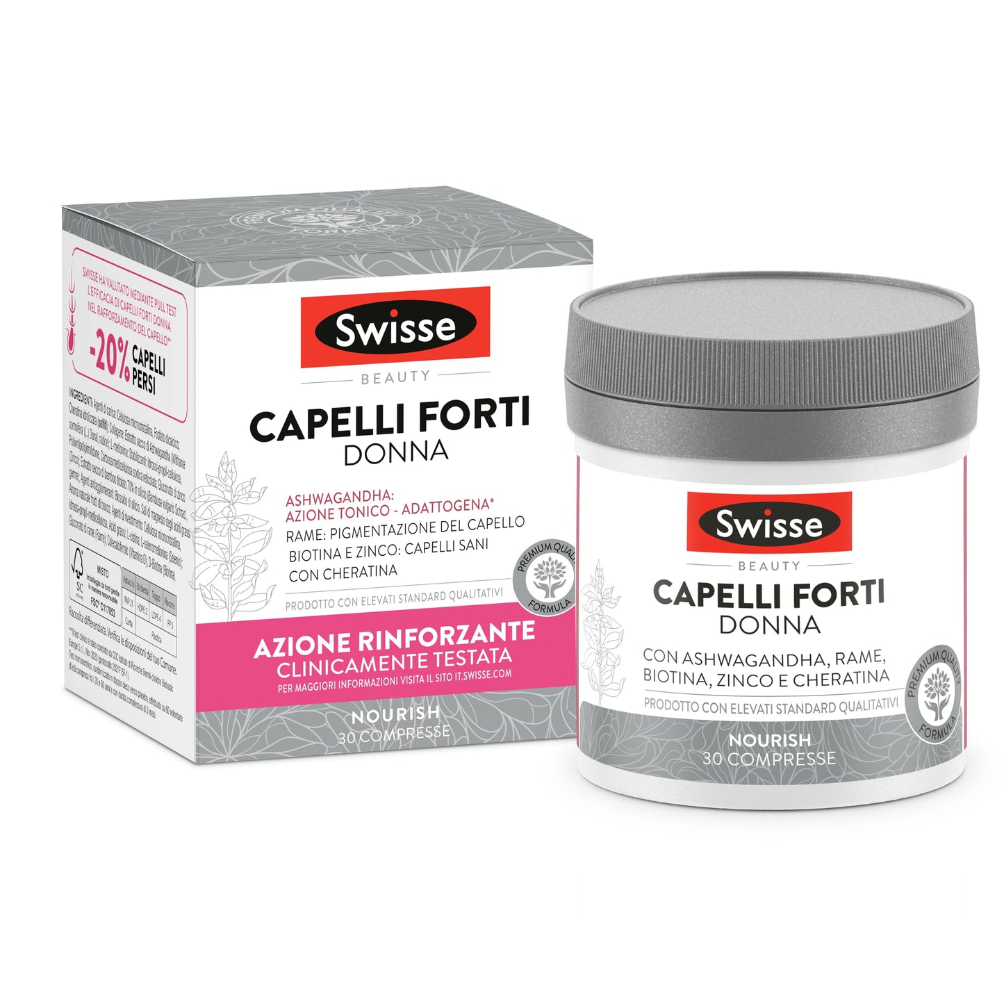 SWISSE Capelli Forti Donna - Integratori per Capelli Donna con Biotina Zinco Rame, 30 Compresse - Integratore con Cheratina per Capelli Forti ad Azione Rinforzante e Tonico-Adattogena - Made in Italy