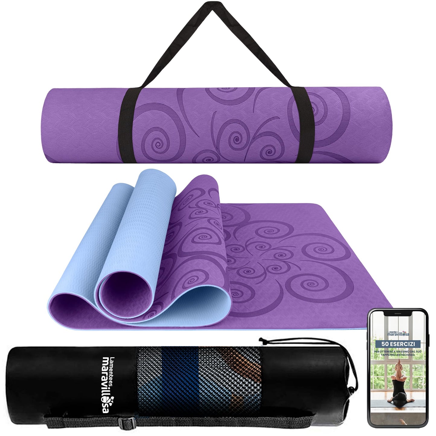 LA MENTE ES MARAVILLOSA - Tappetino per Yoga, Pilates, Fitness o Altri Sport, Tappetino Antiscivolo in TPE con Borsa a Tracolla, Tappetino da Allenamento 183 x 61 cm