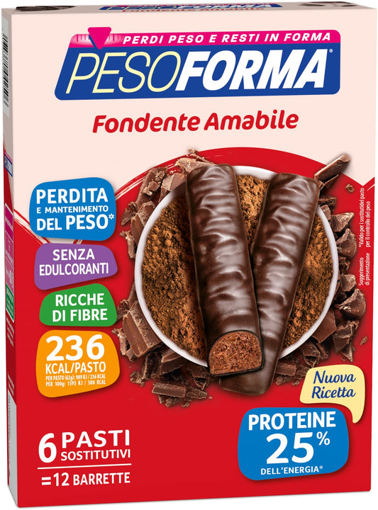 Pesoforma Barrette Fondente Amabile, Pasto sostitutivo proteico, Barrette per il controllo del peso, Barrette proteiche al cioccolato per restare in forma, Solo 236 calorie, 12x31g