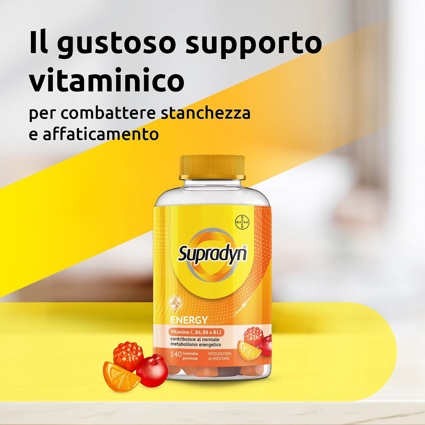 Supradyn Energy Multivitaminico Caramelle, Integratore Completo, con Vitamine A, B, C, D, E e Coenzima Q10, 70 Caramelle Gommose Multivitaminiche Gusto Ciliegia, Lampone e Arancia