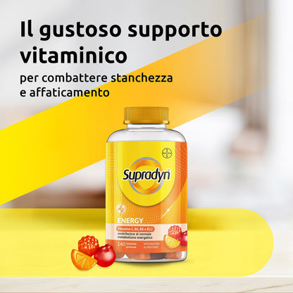 Supradyn Energy Multivitaminico Caramelle, Integratore Completo, con Vitamine A, B, C, D, E e Coenzima Q10, 70 Caramelle Gommose Multivitaminiche Gusto Ciliegia, Lampone e Arancia