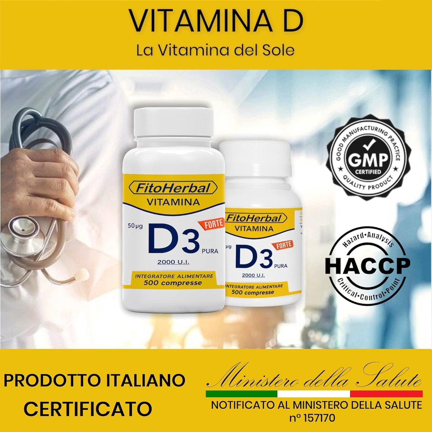 Vitamina D 60000 UI/mese ALTO DOSAGGIO 500 Compresse | Integratore Vitamina d3 2000 UI Supporto per Ossa Denti Muscoli, Integratori Sistema Immunitario Formato Famiglia, Made in Italy