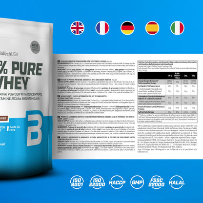 BioTechUSA 100% Pure Whey Complesso proteico del siero di latte con bromelina, aminoacidi, senza zuccheri aggiunti, senza olio di palma e con edulcorante, 1 kg, Cioccolato