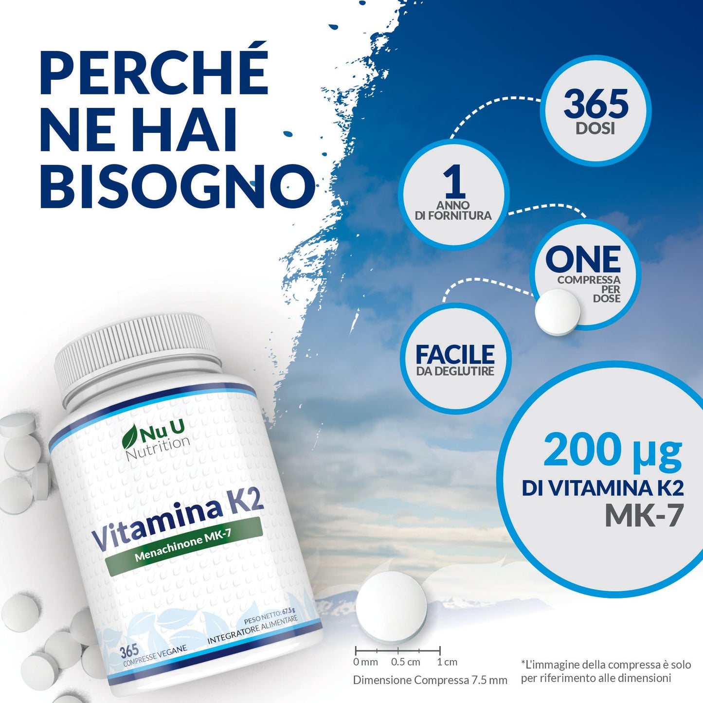 Vitamina K2 MK7 200mcg - 365 Compresse Vegane - 1 Anno di Scorta - Vit K2 Menachinone MK-7 - Nu U Nutrition