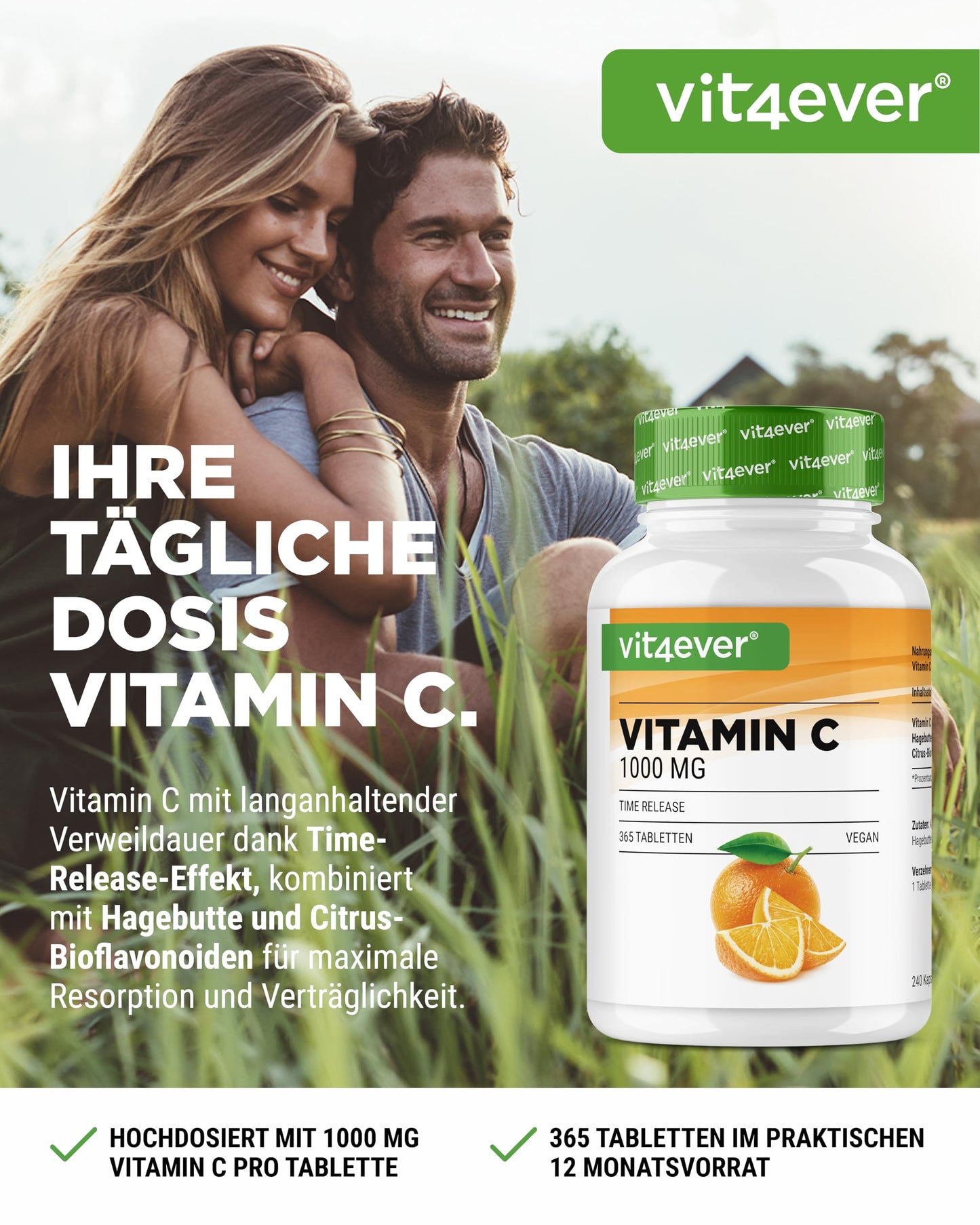 Vitamina C 1000mg - 365 compresse in un anno di fornitura - Effetto Rilasciato nel Tempo - Vitamina C + Estratto di Rosa Canina + Bioflavonoidi di Agrumi - Vegan - Altamente Dosato