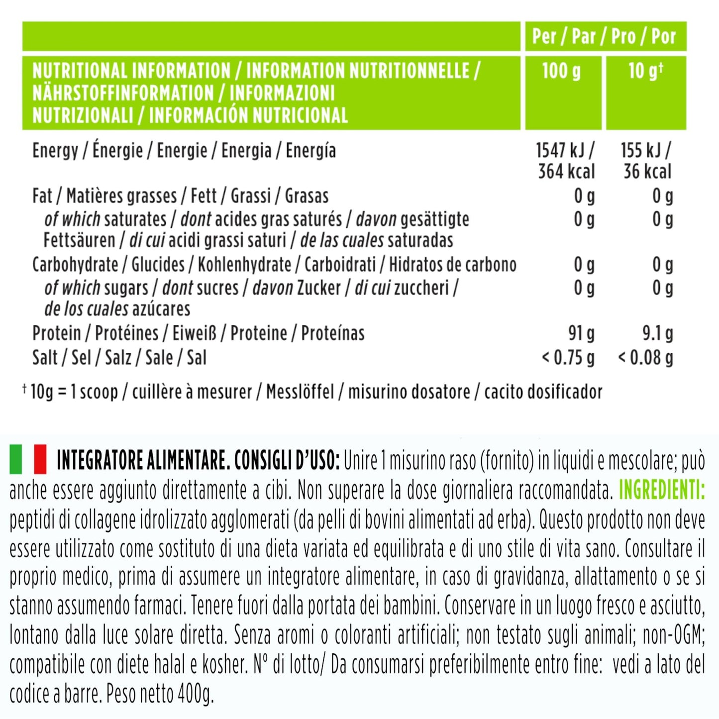 Peptidi di Collagene Idrolizzato, Non Aromatizzato, 100% Polvere Proteica di Collagene Agglomerato Proveniente da Bovini Allevati ad Erba, Collagene da Bere 400gr, Igennus