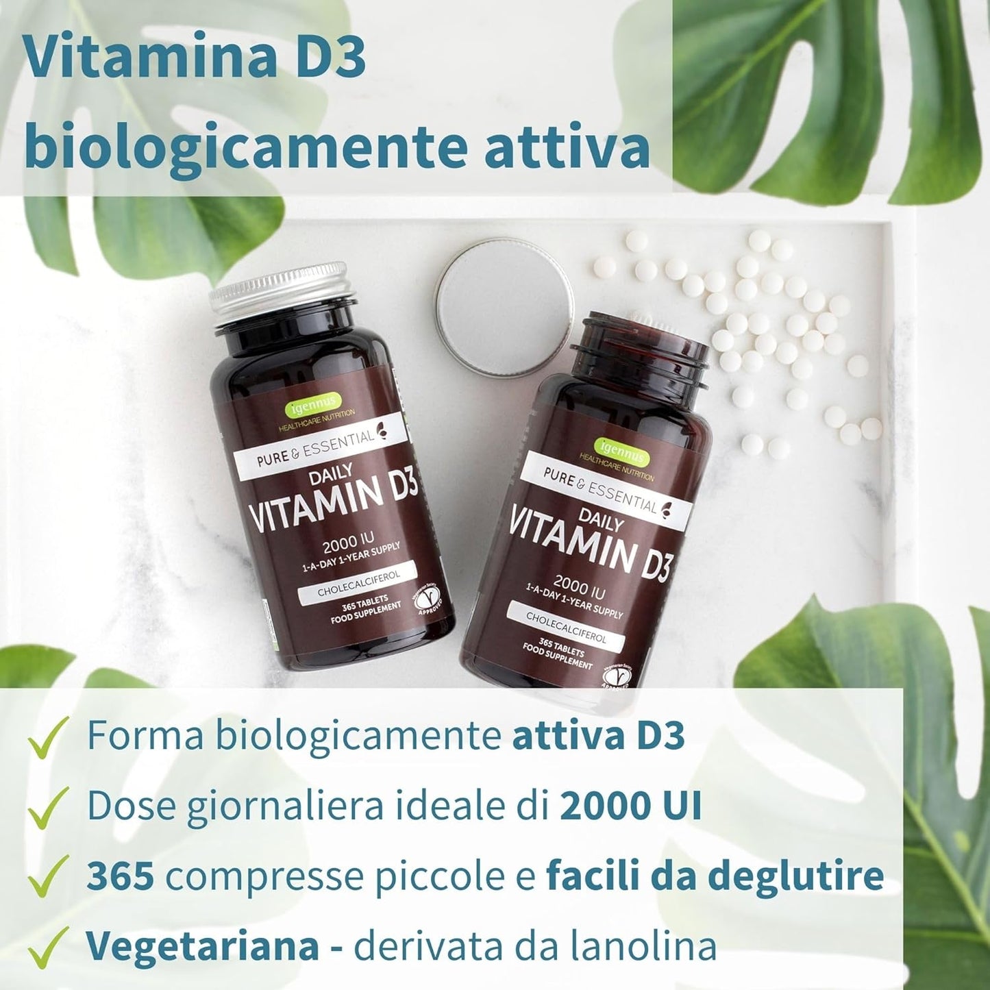 Vitamina D3 ad alto dosaggio 2000 UI, 50 μg, 365 compresse (1 Anno), Integratore per Difese Immunitarie, Ossa, Denti & Muscoli - Igennus