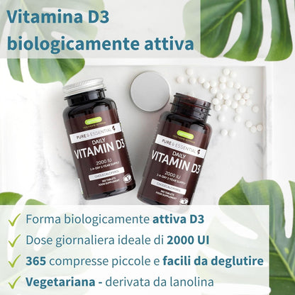 Vitamina D3 ad alto dosaggio 2000 UI, 50 μg, 365 compresse (1 Anno), Integratore per Difese Immunitarie, Ossa, Denti & Muscoli - Igennus